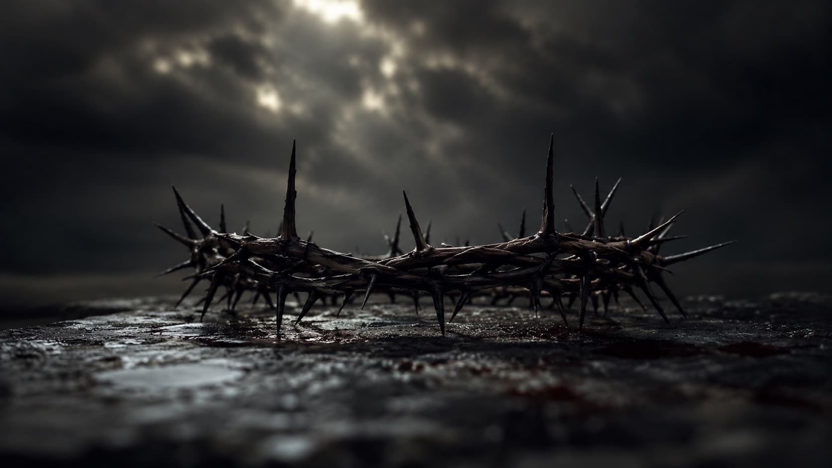 A crown of thorns symbolizing Christ's suffering and sacrifice, with light breaking through stormy clouds